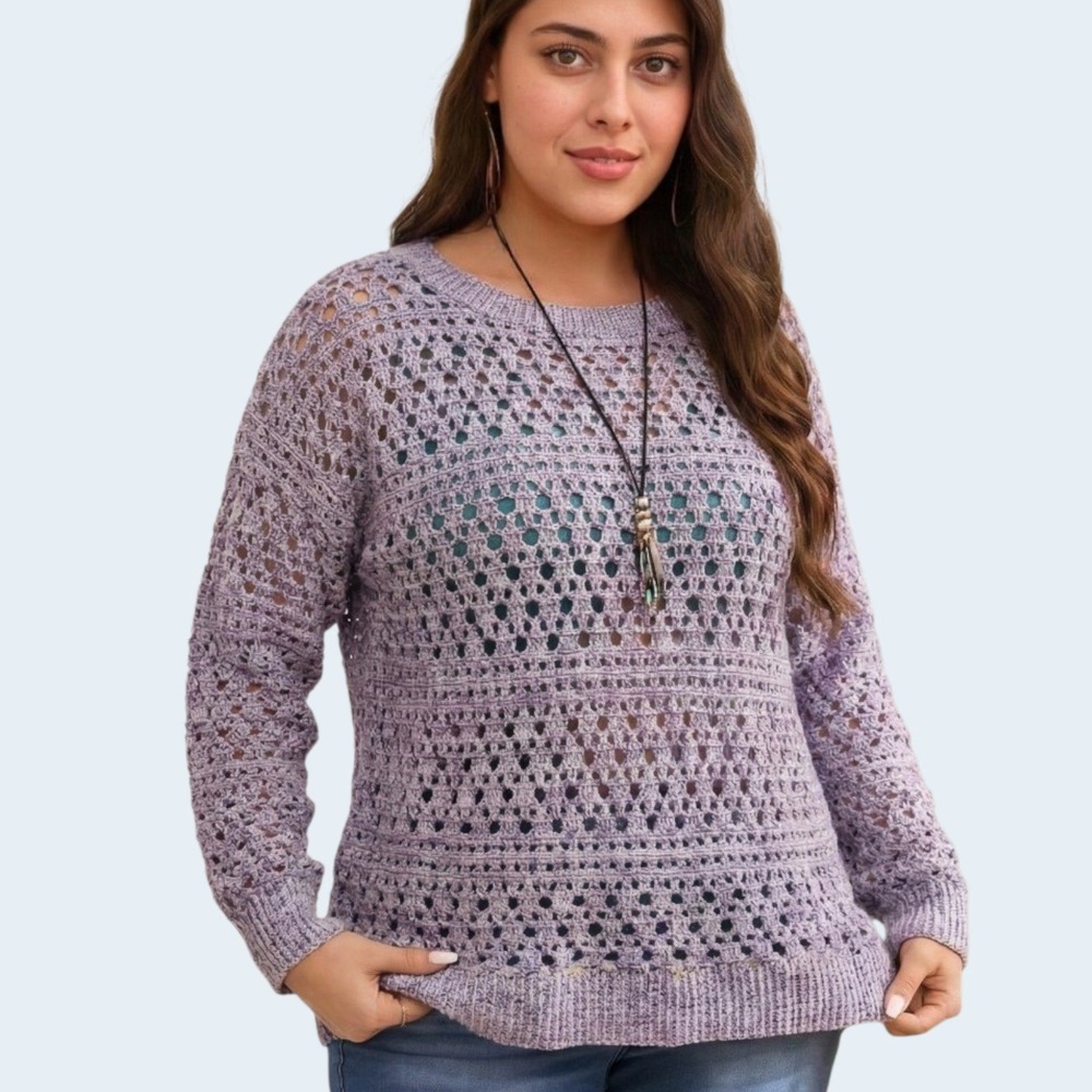 Croft & Barrow XL Open Knit Crochet Sweater Cotton Marled Purple Boho‎ Excellent